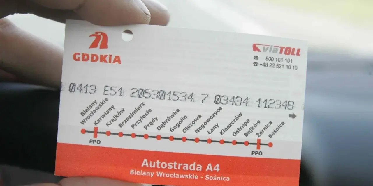 Bilet autostradowy A4 z zaznaczonymi punktami poboru opłat i nazwami miejscowości.