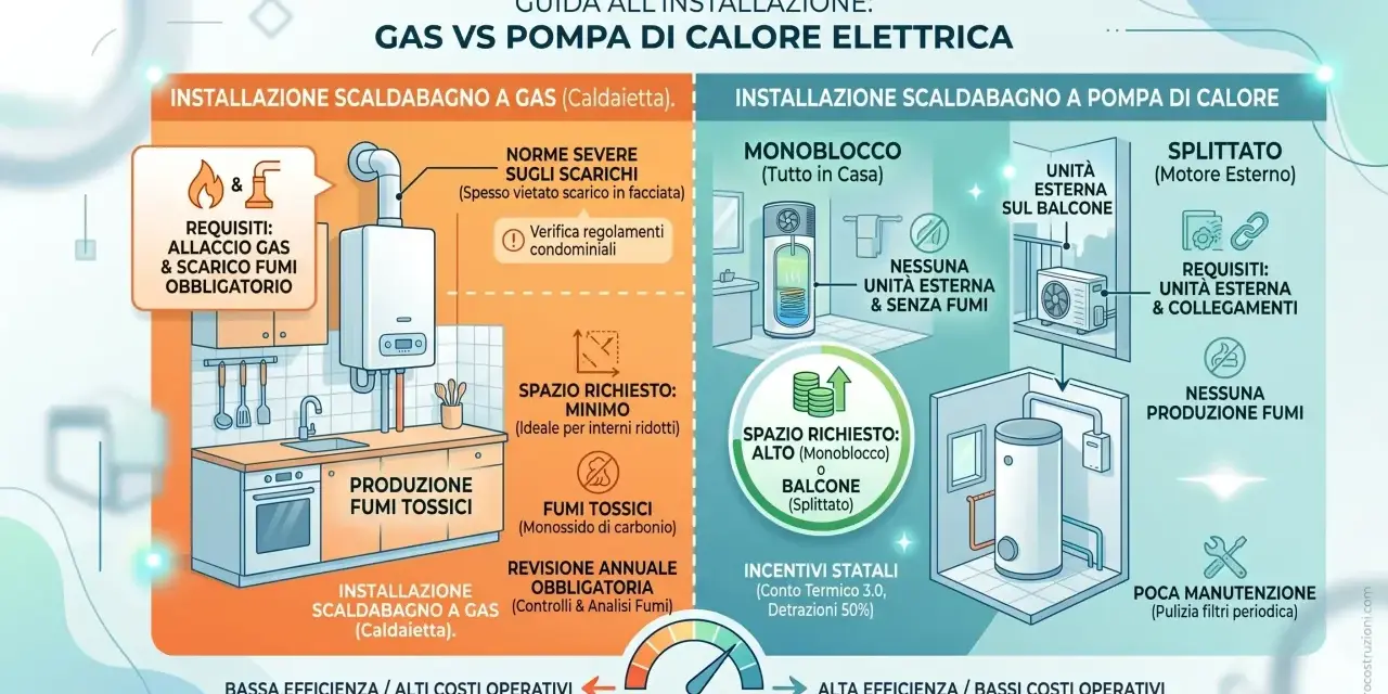Schema funzionamento scaldabagno a gas: allaccio gas, scarico fumi obbligatorio, fumi tossici, revisione annuale. Bassa efficienza, alti costi operativi.