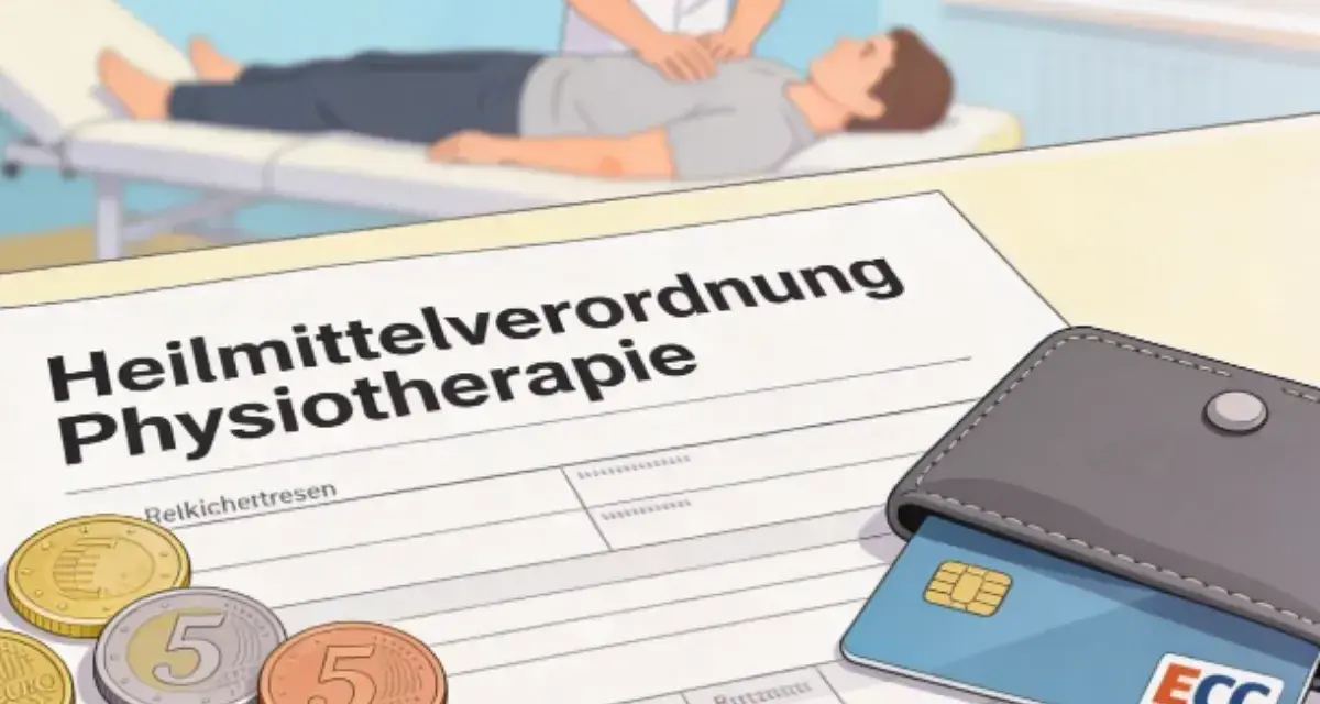 Rezept für Physiotherapie, Münzen und eine EC-Karte liegen auf einem Tisch. Die **Zuzahlung Ergotherapie** ist hier symbolisch dargestellt.
