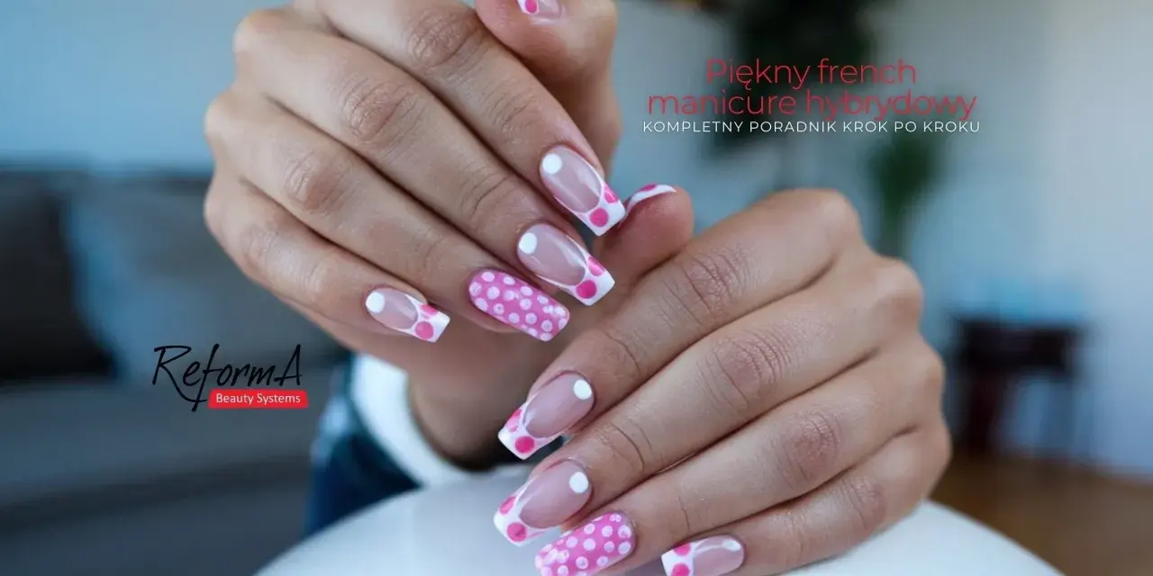 Dłonie z pięknym french manicure hybrydowym w różowe kropki.