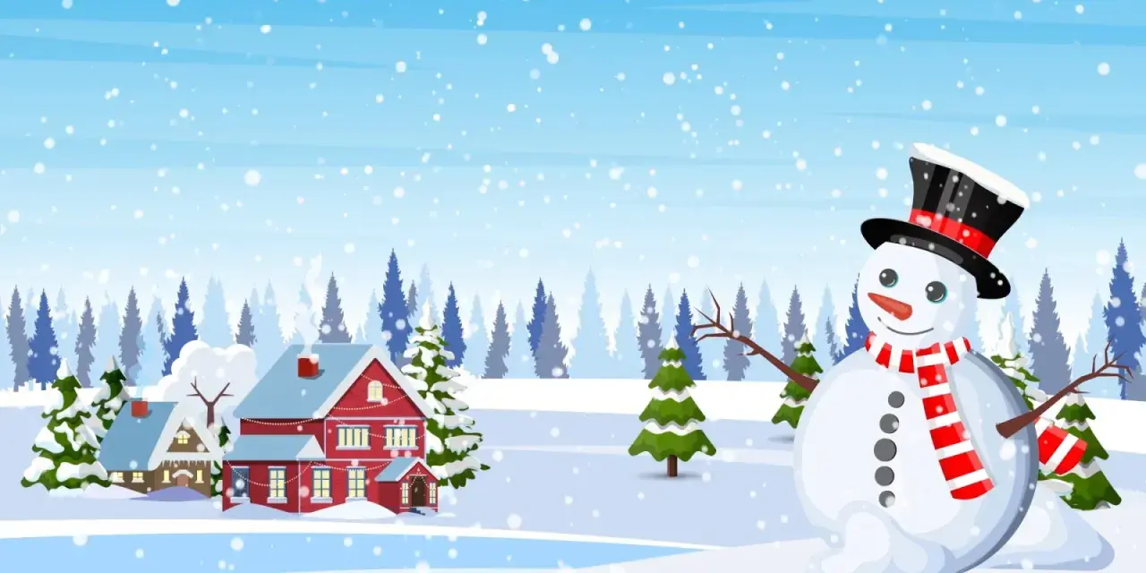 Schneemann mit Zylinder und Schal vor verschneiter Winterlandschaft mit Häusern und Tannenbäumen.