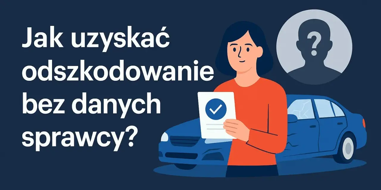 Ilustracja: kobieta trzyma dokument z zaznaczonym polem, obok uszkodzony samochód i sylwetka z znakiem zapytania.