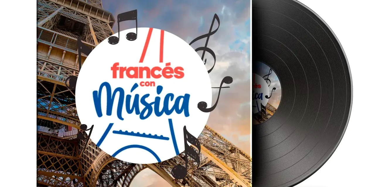 Vinilo con Torre Eiffel y notas musicales. Ideal para tus canciones para aprender francés.