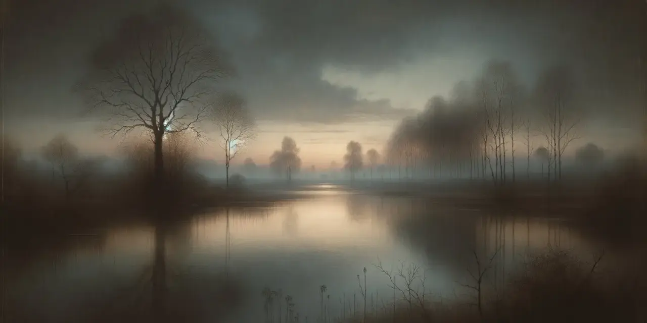 Un paysage onirique où un lac reflète des arbres dénudés, le tout enveloppé dans un doux brouillard dessin. L'atmosphère est paisible et mystérieuse.