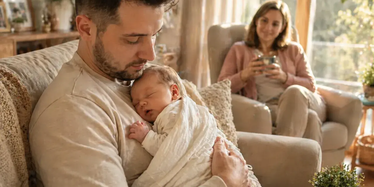 Ojciec tuli śpiące dziecko, ciesząc się urlopem ojcowskim 2 tygodnie. Matka patrzy z uśmiechem z fotela.
