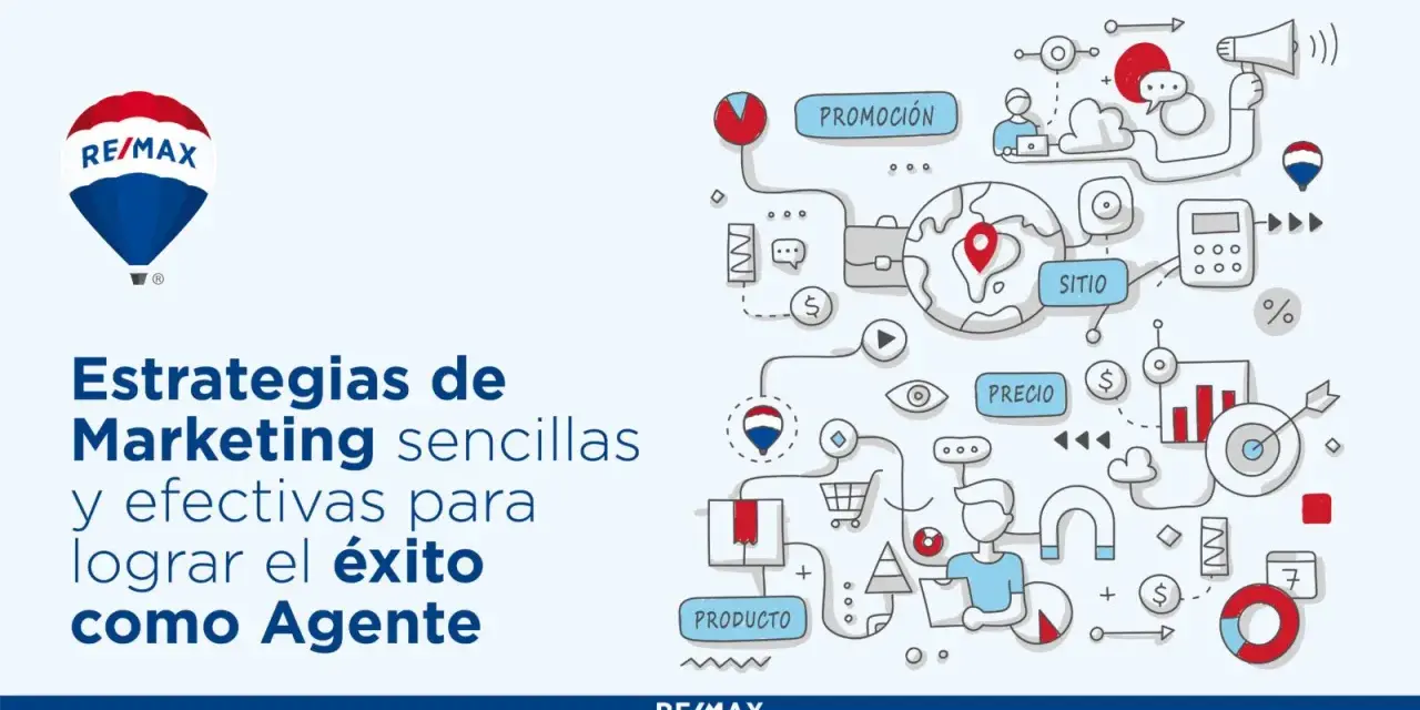 Ilustración de marketing digital para inmobiliarias con globo RE/MAX y elementos gráficos de éxito.