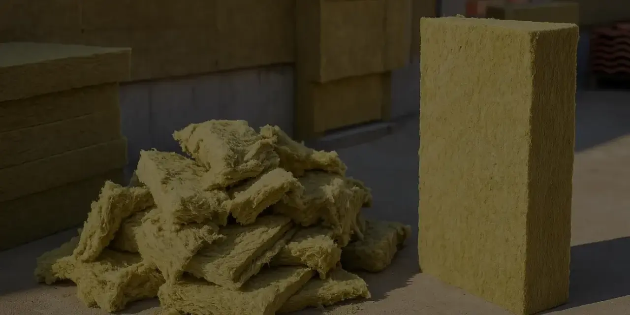 Stos wełny mineralnej i pojedynczy blok, gotowe do utylizacji. Materiał izolacyjny czeka na właściwe zagospodarowanie.