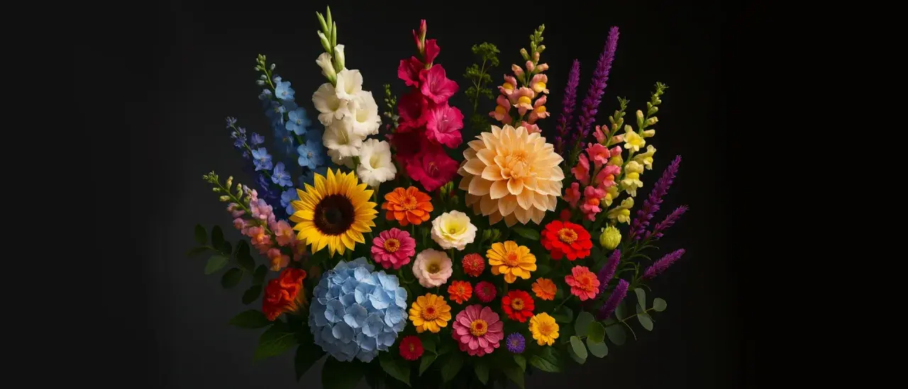 Un vibrante ramo de flores de julio, con girasoles, dalias y gladiolos en tonos vivos, sobre fondo oscuro.