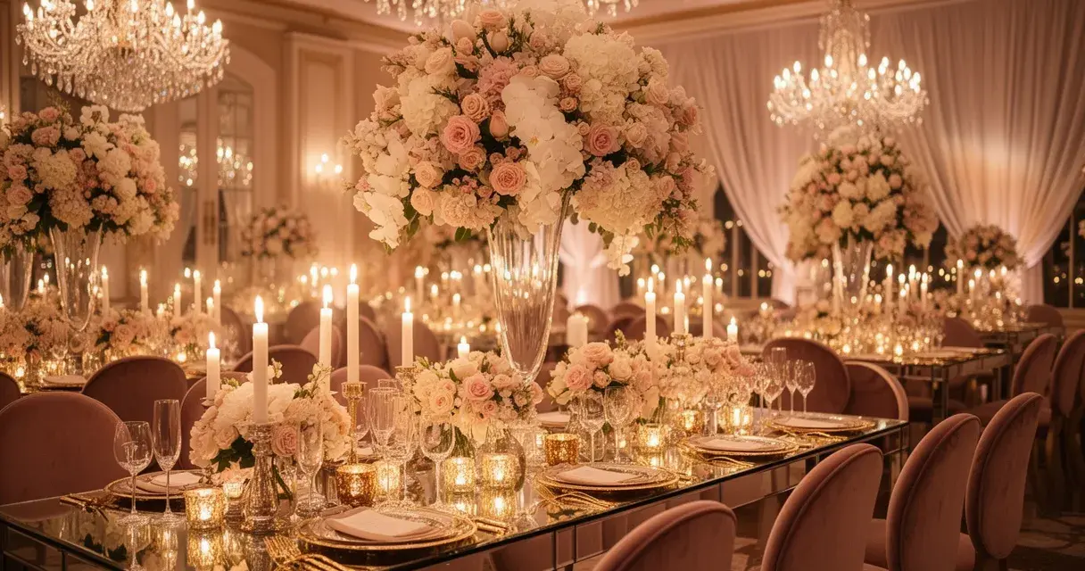Eleganckie wesele glamour z kryształowymi żyrandolami, bukietami róż i świecami tworzącymi magiczną atmosferę.