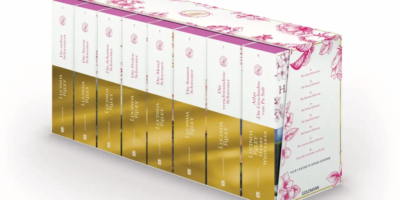 Schuber mit 8 Büchern von Lucinda Riley, die "Die sieben Schwestern"-Reihe.