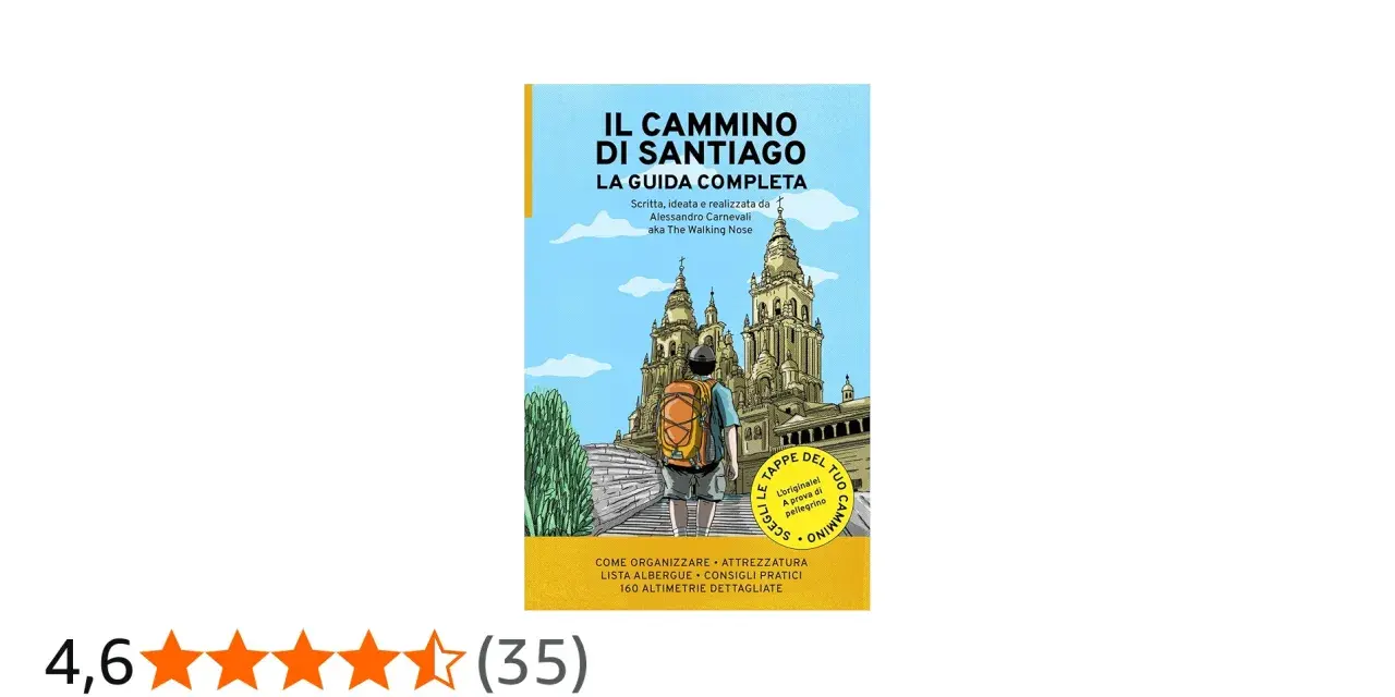 Copertina di "Il Cammino di Santiago: La Guida Completa". Un pellegrino con zaino guarda la cattedrale. Scopri quanto dura il cammino di Santiago e come organizzarlo.