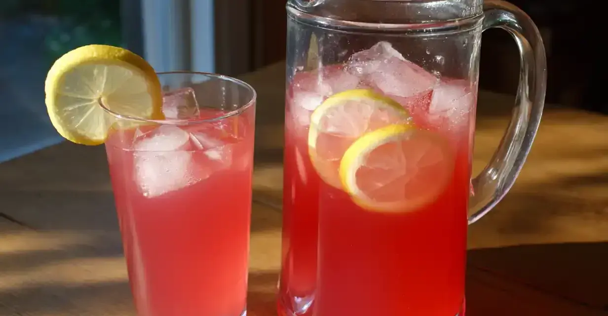 En karaff och ett glas med rosa rabarbersaft, is och citronskivor. Perfekt för ett enkelt rabarbersaft recept.