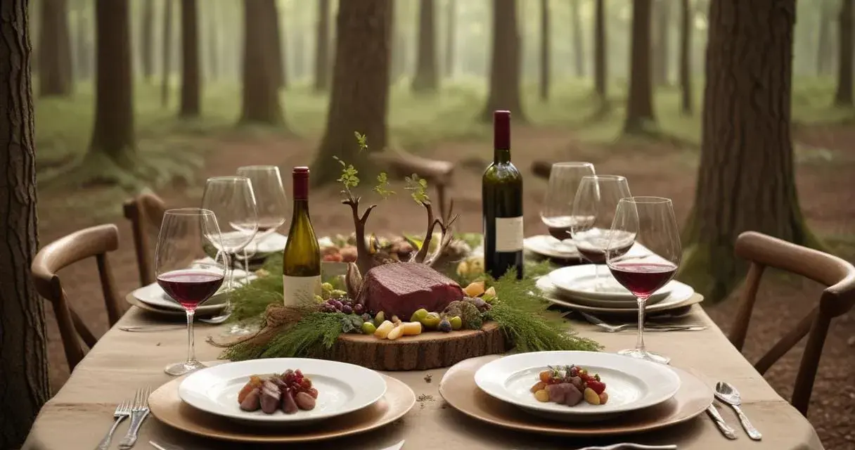 Ett elegant uppdukat bord i skogen med rött vin till oxkind, glas, tallrikar och en vacker köttbit som huvudrätt.