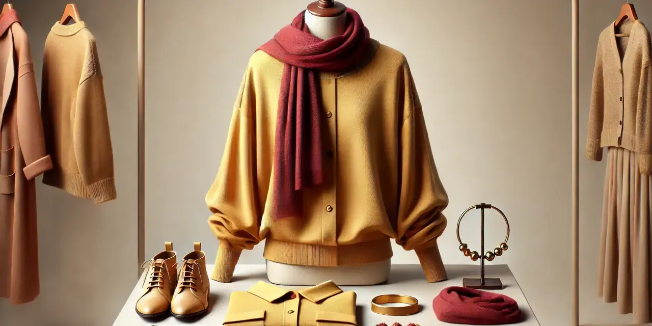 Musztardowy sweter z szalikiem i butami. Jaki kolor pasuje do musztardowego? Czerwień i beż tworzą elegancką całość.
