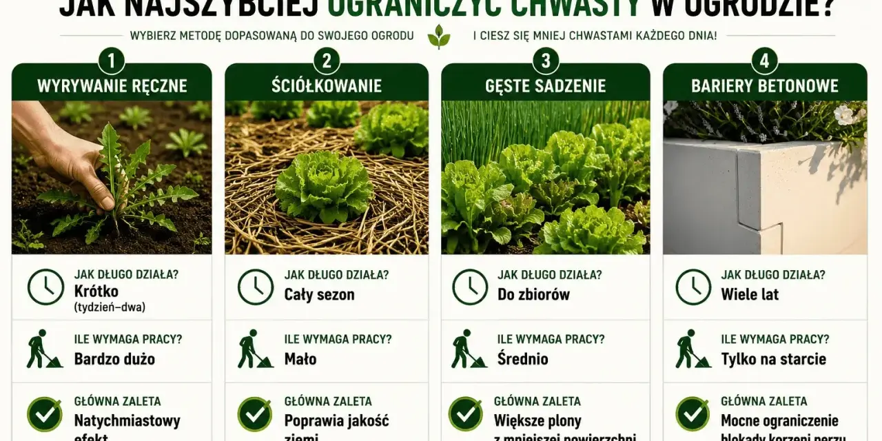 Porównanie metod ograniczania chwastów: ręczne usuwanie, ściółkowanie, gęste sadzenie i bariery betonowe.