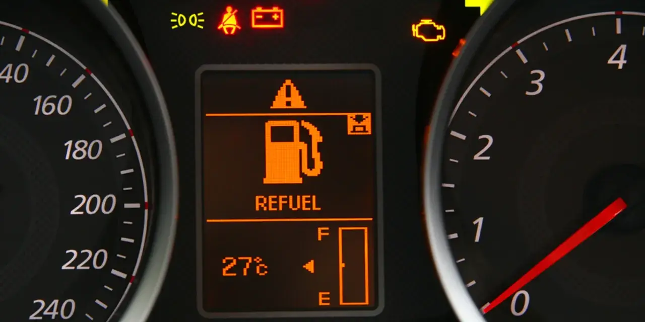 Na desce rozdzielczej świeci się kontrolka rezerwy paliwa. Nie widać, ile km na rezerwie benzyna pokazuje komputer.