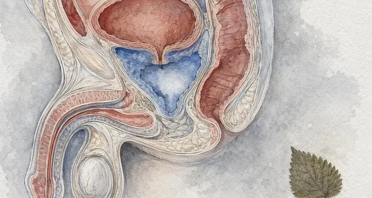 Anatomical illustration of the male reproductive and urinary systems, showing the bladder, urethra, penis, and testes. A dried leaf rests nearby, perhaps a reminder of nature's cycles.