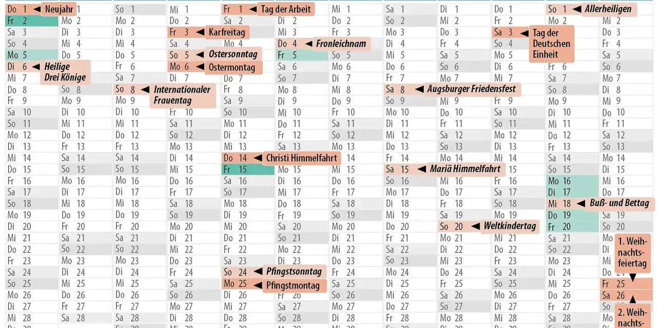 Kalender mit Feiertagen für Ferien in Sachsen-Anhalt. Feiertage wie Ostern, Pfingsten und Allerheiligen sind markiert.