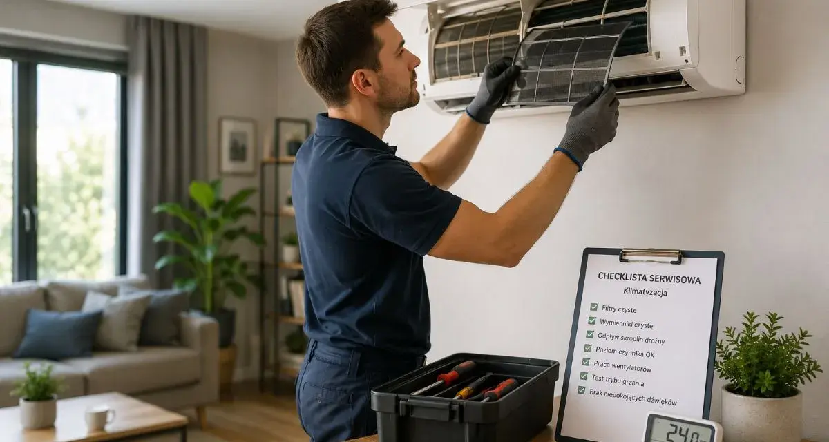 Serwisant sprawdza filtr klimatyzacji, bo klima nie chłodzi. Na blacie leży skrzynka z narzędziami i lista kontrolna.