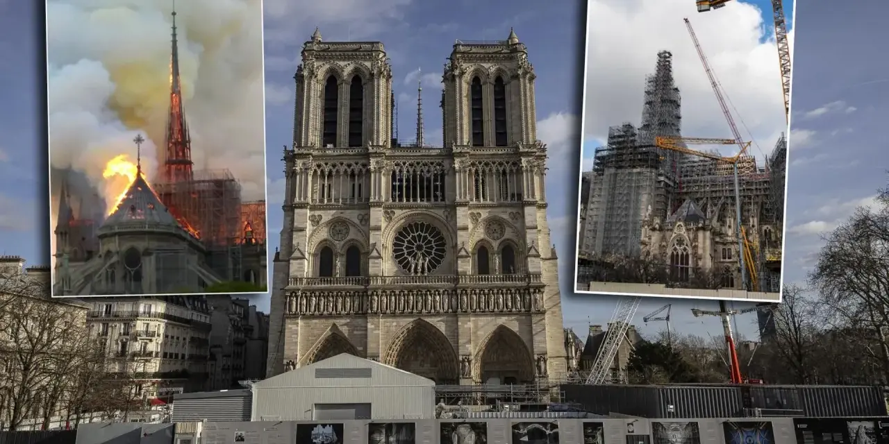Notre Dame przed i po pożarze: płonąca iglica i odbudowa z rusztowaniami.
