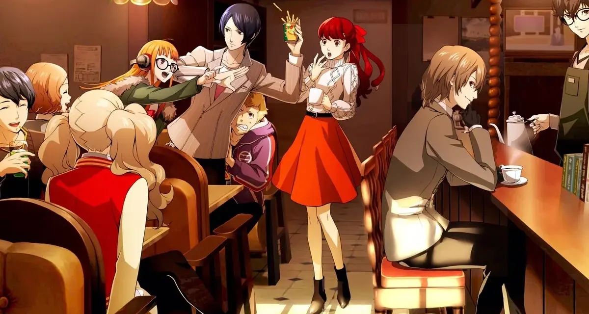 Los Phantom Thieves de Persona 5 Royal disfrutan de un momento de relax en una cafetería, compartiendo risas y bebidas.