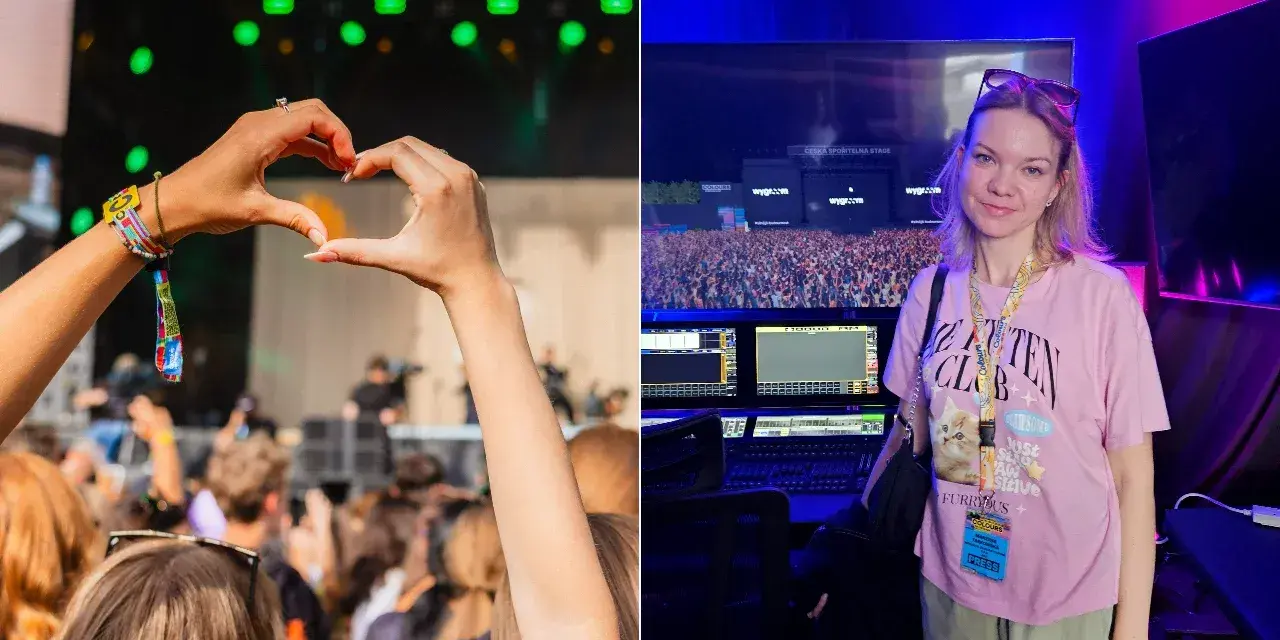 Serce z dłoni na koncercie, zielone światła sceny i uśmiechnięta dziewczyna w różowej koszulce z napisem "Furryous" - to wszystko tworzy barwne kolory Ostrawy.