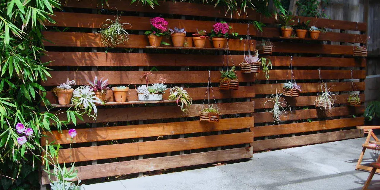 Pareti con bancali di legno ospitano piante grasse e fiori, creando un angolo verde.