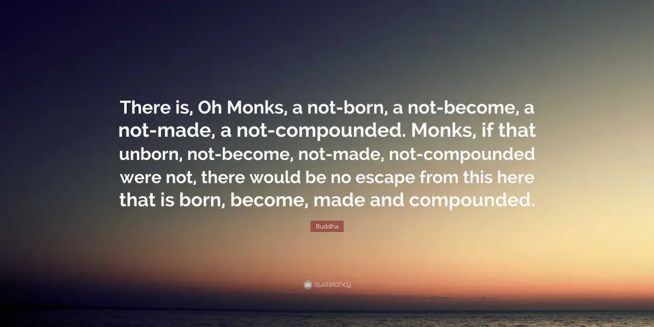 Buddha's profound monk sayings on escaping the cycle of birth and becoming, set against a serene sunset over the ocean.