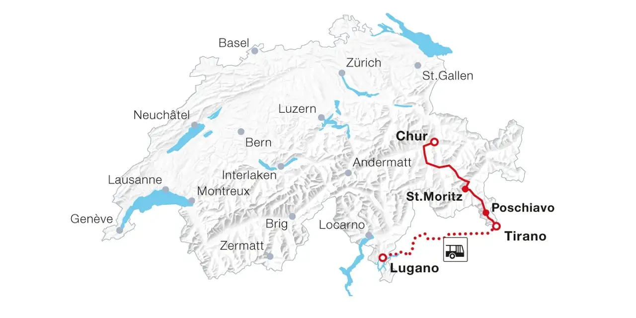 Map showing a scenic train route from Tirano to Lugano, passing through Poschiavo, St. Moritz, Chur, and Andermatt.