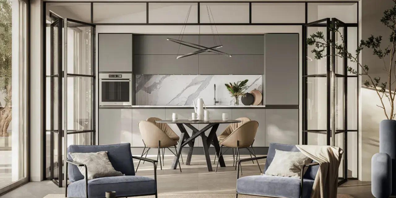 Spazio aperto con cucina moderna e zona relax, dove la cucina e camera da letto insieme creano un ambiente unico e funzionale.