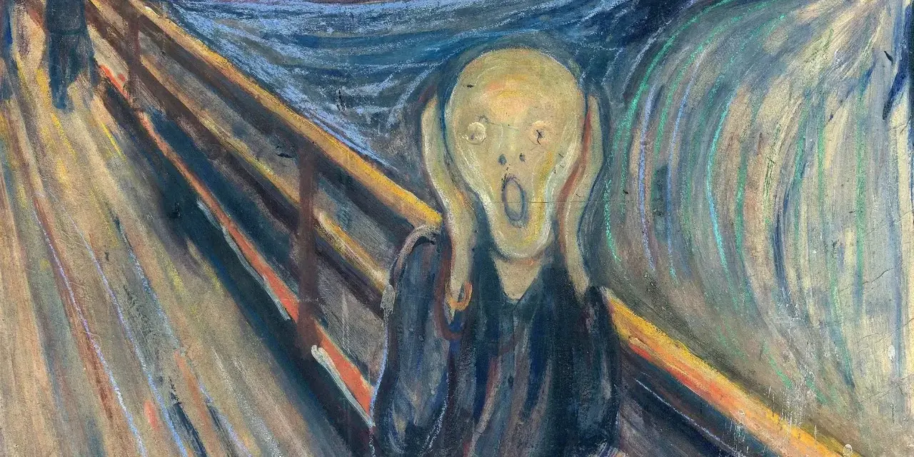 Edvard Munchs "Skriet" med sin ikoniska gestalt som håller händerna för öronen. Edvard Munch fakta: målningen skildrar en känsla av ångest.