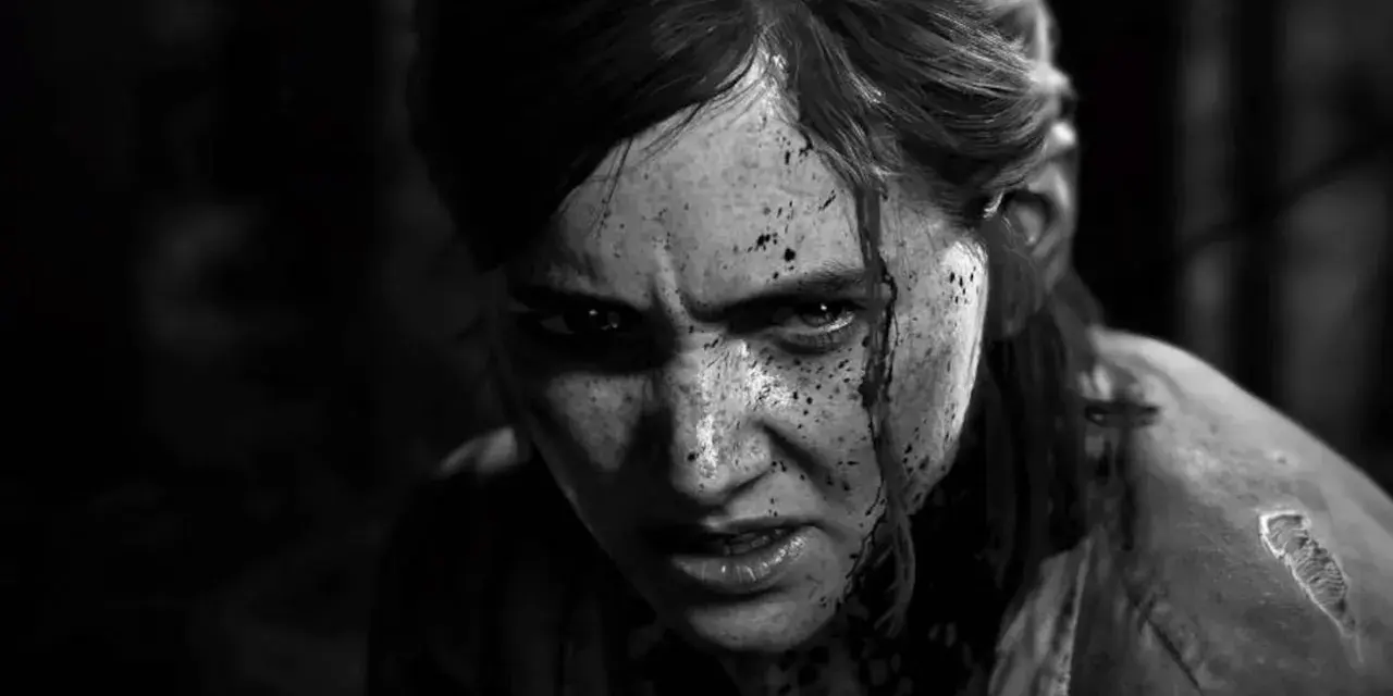 Primer plano de Ellie, con la cara sucia y ensangrentada, mirada intensa. Un momento icónico de los trofeos The Last of Us 2.