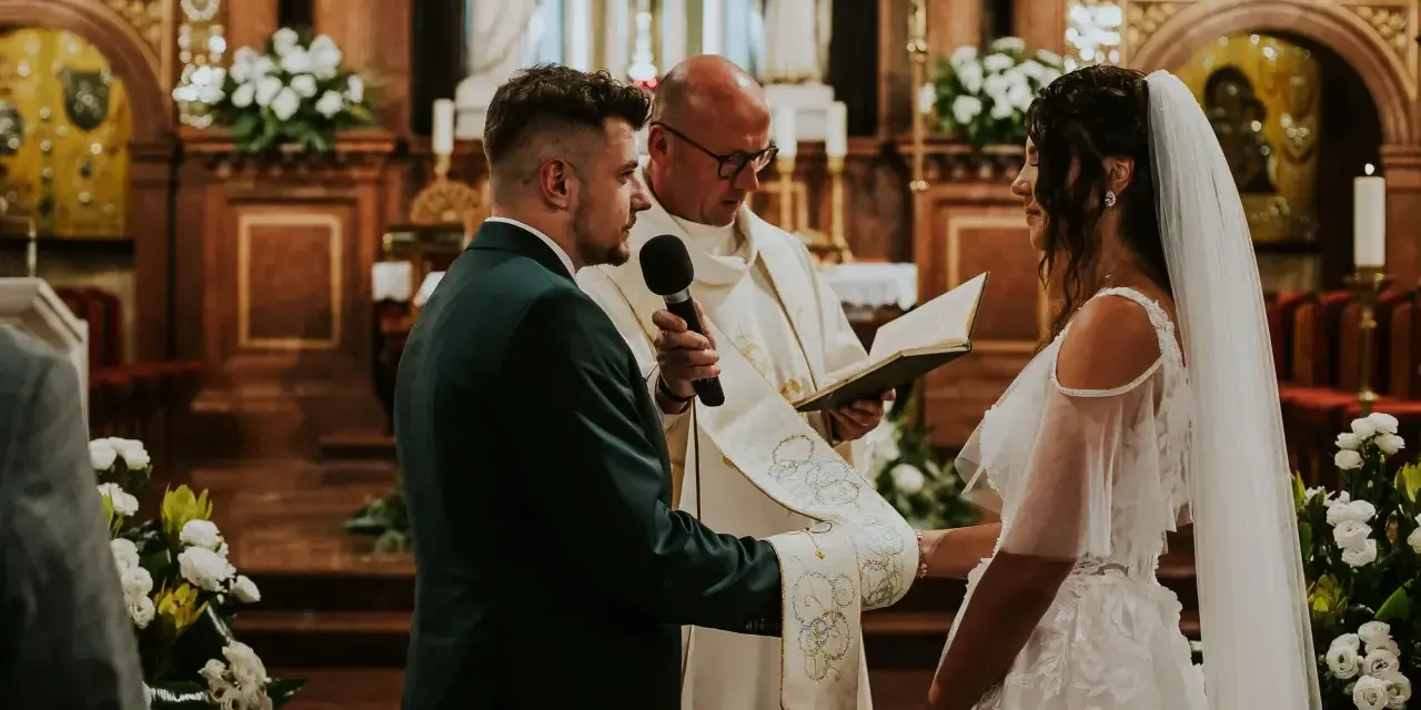 Para Młoda podczas uroczystości ślubu konkordatowego w kościele. Pan Młody w garniturze, Panna Młoda w sukni ślubnej.