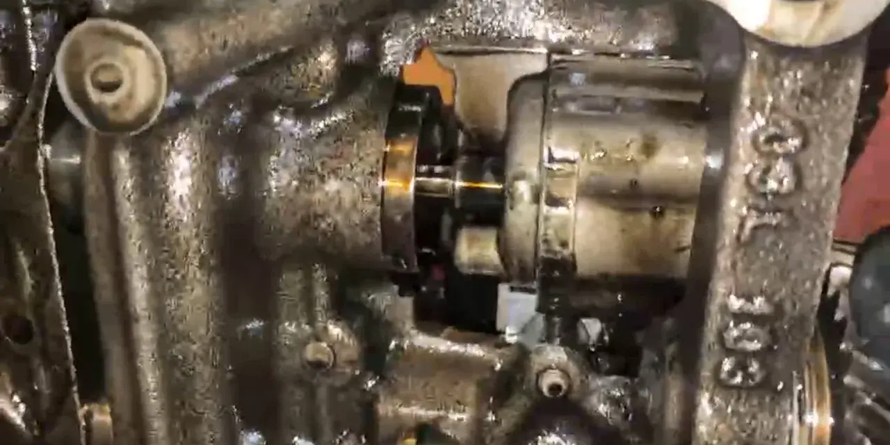 Widok wnętrza silnika 2.0 TDI. Widać fragment wałka i mechanizm, gdzie znajduje się czujnik ciśnienia oleju.