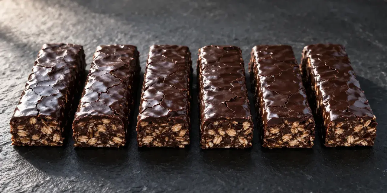 Six barres protéinées maison, enrobées de chocolat noir craquelé, sur fond sombre.