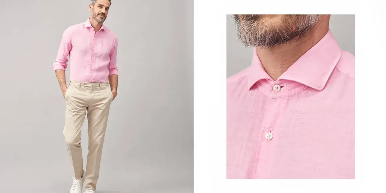 Uomo con camicia rosa e pantaloni beige, un look casual chic. Perfetto per abbinare camicia rosa uomo con stile.