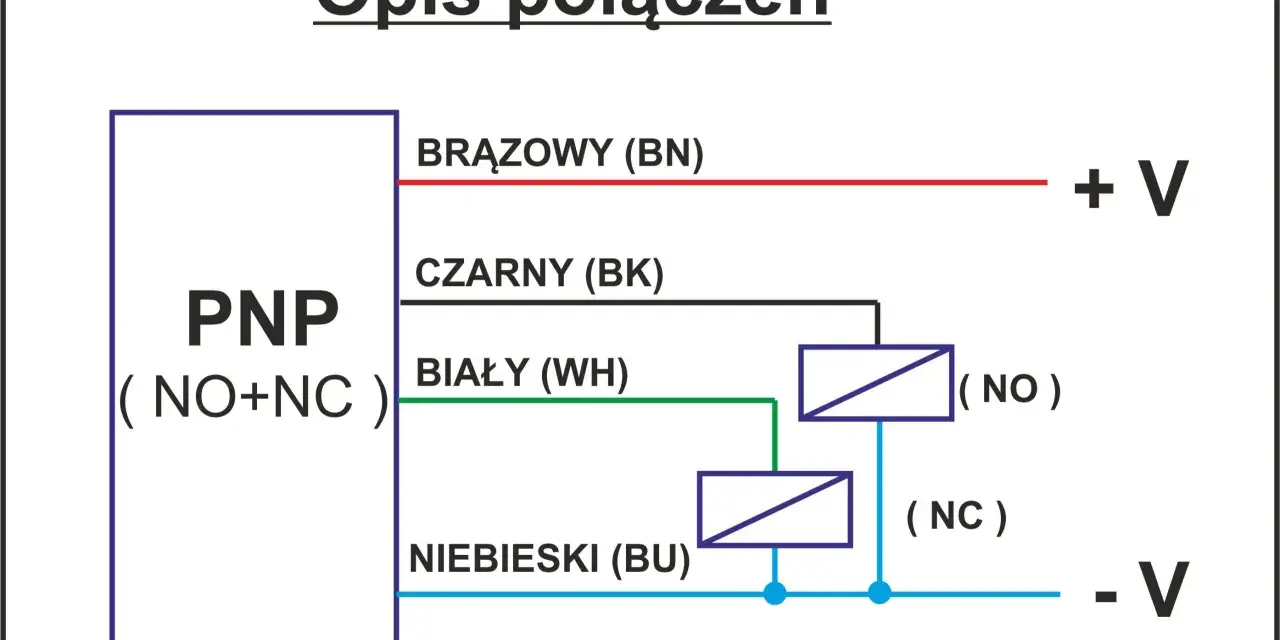 Schemat połączeń czujnika magnetycznego PNP. Brązowy przewód do +V, czarny do wyjścia NO, biały do wyjścia NC, niebieski do -V.