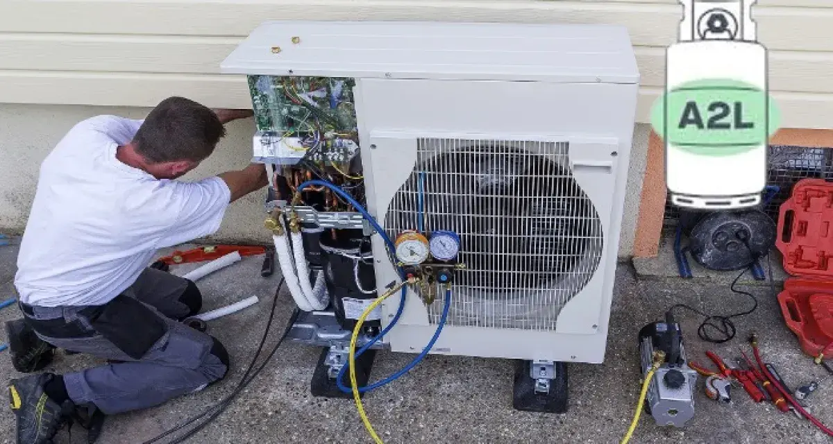 Técnico trabajando en unidad exterior de aire acondicionado, con manómetros y cilindro de refrigerante A2L.