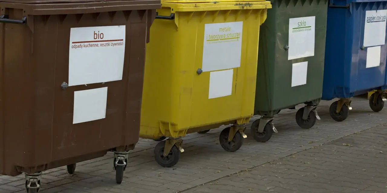 Rząd kolorowych pojemników na śmieci: brązowy (bio), żółty (metale i tworzywa sztuczne), zielony (szkło), niebieski (papier i tektura).