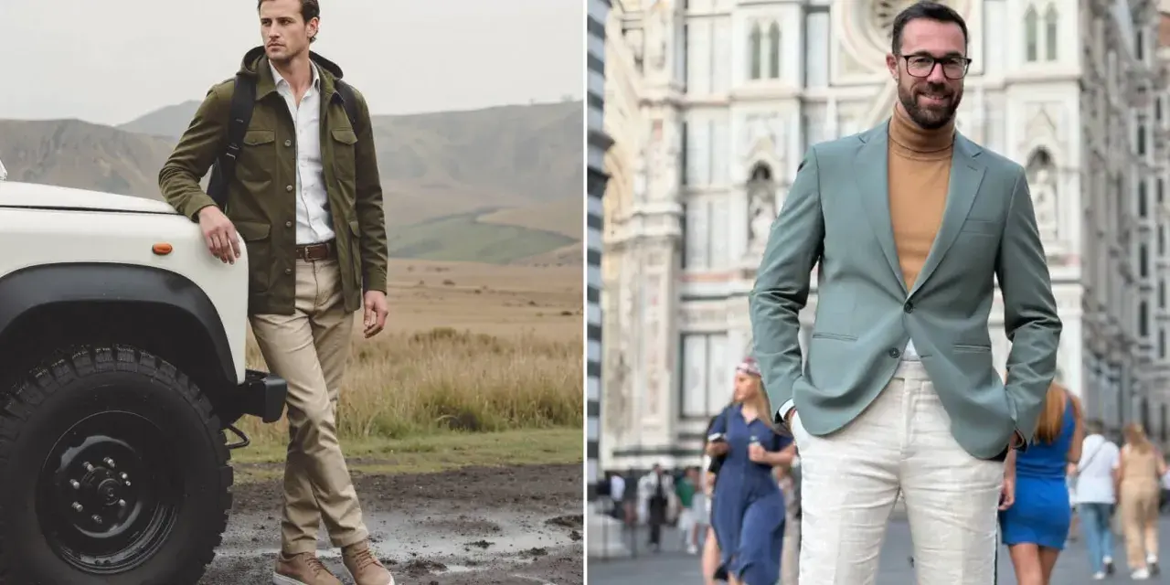 Dos hombres lucen elegantes. Uno, junto a un todoterreno, lleva una chaqueta verde y pantalones beige. El otro, en la ciudad, combina un traje verde con pantalones claros.
