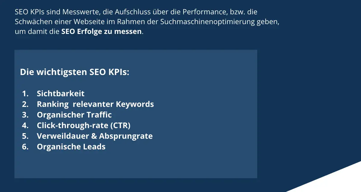 Die wichtigsten SEO KPIs: Sichtbarkeit, Ranking, Traffic, CTR, Verweildauer, Absprungrate und organische Leads.
