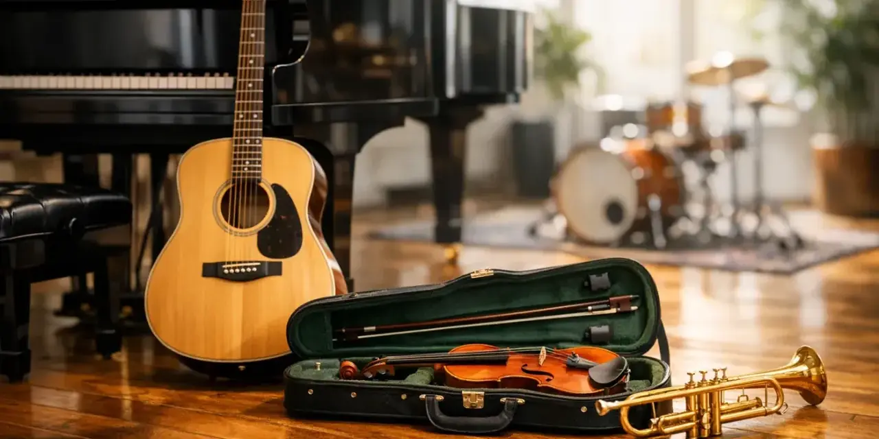 Eine wunderschöne erste Gitarre steht neben einem Flügel. Ein Geigenkasten mit Geige und Bogen sowie eine Trompete liegen auf dem Holzboden.