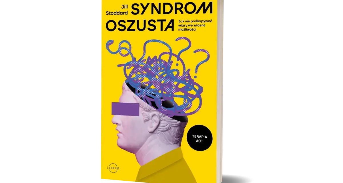Okładka książki "Syndrom oszusta" Jill Stoddard. Stylizowana głowa z plątaniną myśli i znaków zapytania symbolizuje wewnętrzne wątpliwości.