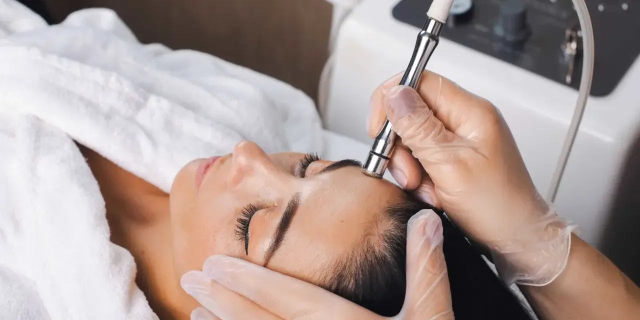 Aesthetician performs microdermabrasion on a woman's forehead. The question of microdermabrasion how often depends on skin type and goals.