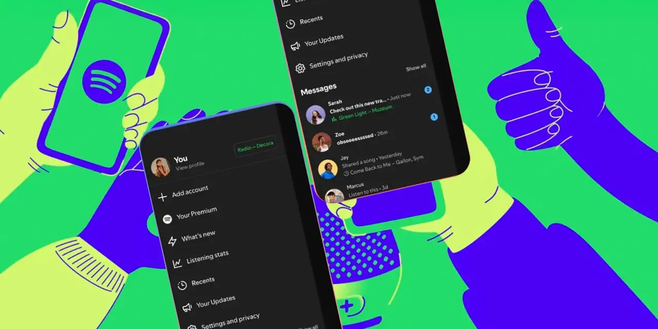 Zwei Hände halten Smartphones mit der Spotify-App. Eine zeigt die "Listening stats", die andere Nachrichten und die Spotify play history.
