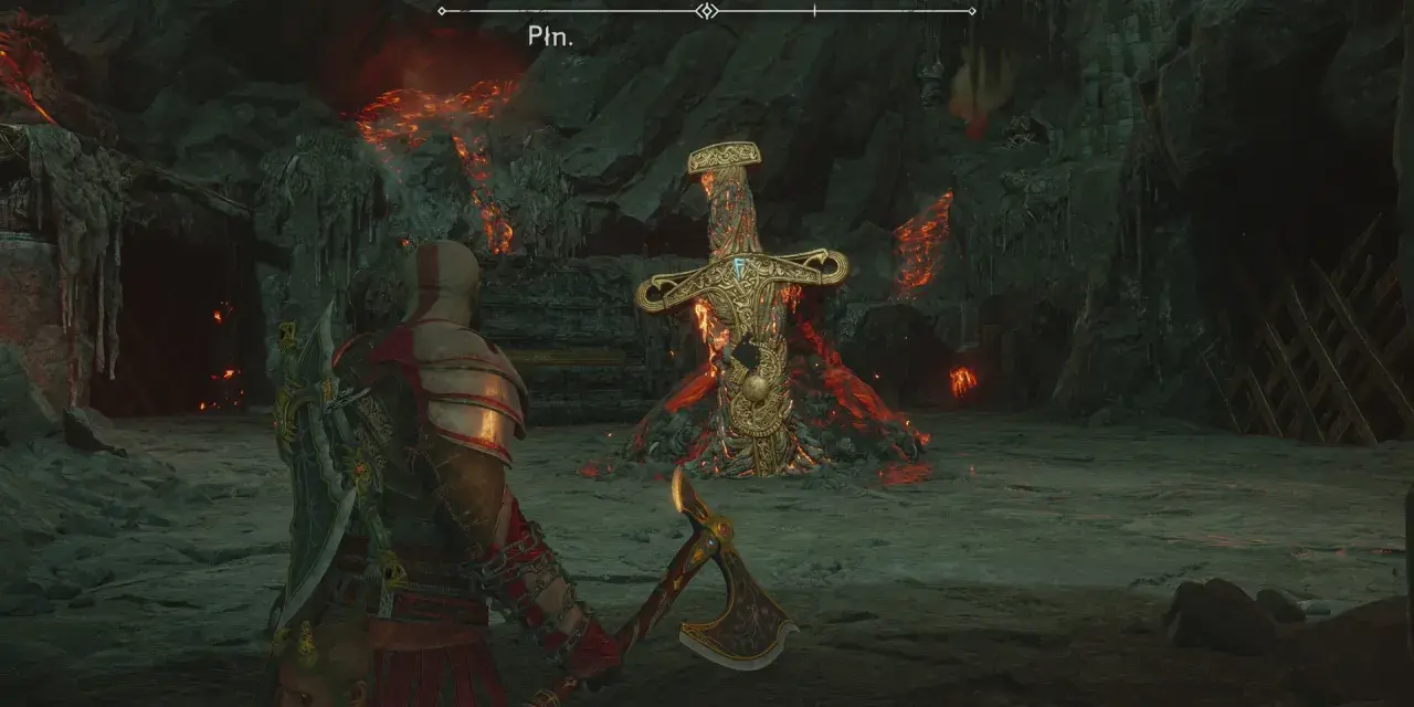Kratos w jaskini z płonącym mieczem, artefaktem z God of War Ragnarok Tygiel.