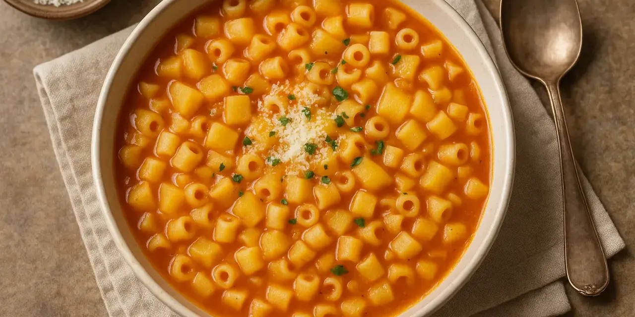 Una ciotola fumante di pasta e patate, condita con parmigiano grattugiato e prezzemolo fresco. Un comfort food che scalda il cuore.