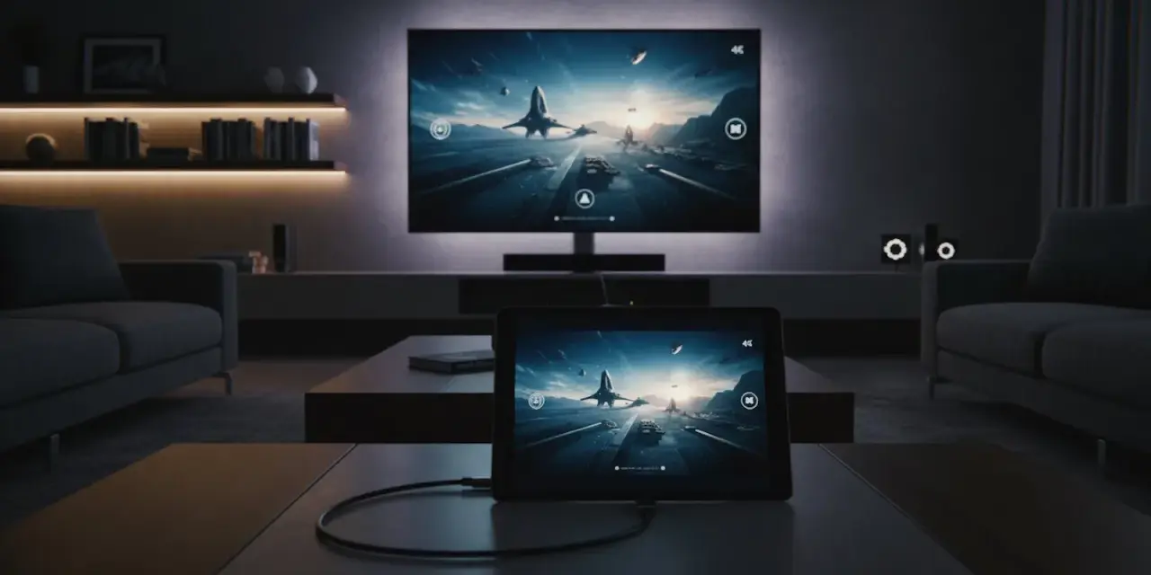 Ein Tablet zeigt ein Spiel, das auf dem großen Fernseher im Hintergrund dupliziert wird.