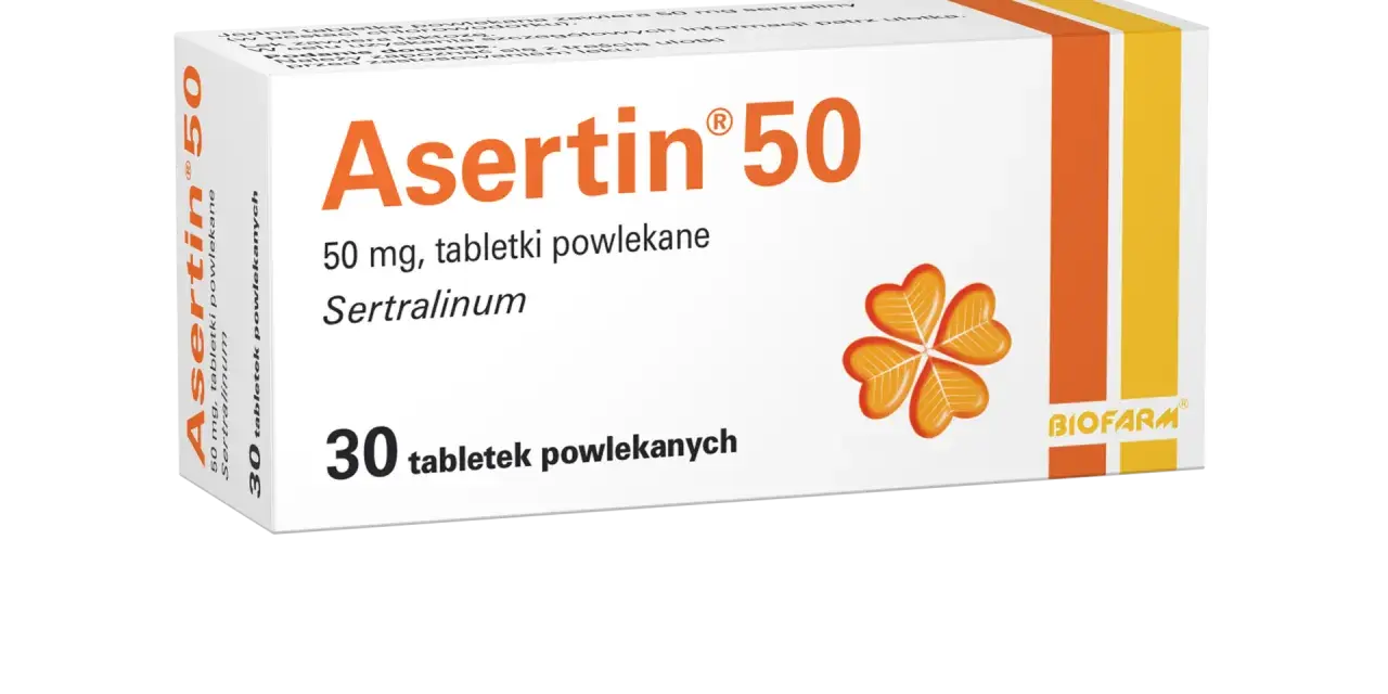 Opakowanie leku Asertin 50, zawierającego 30 tabletek powlekanych z sertraliną, stosowanego w leczeniu depresji i innych zaburzeń.