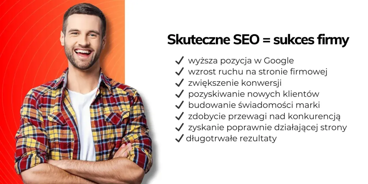 Uśmiechnięty mężczyzna z listą korzyści z SEO. Skuteczne SEO to sukces firmy, jak domowe sposoby na zawroty głowy.